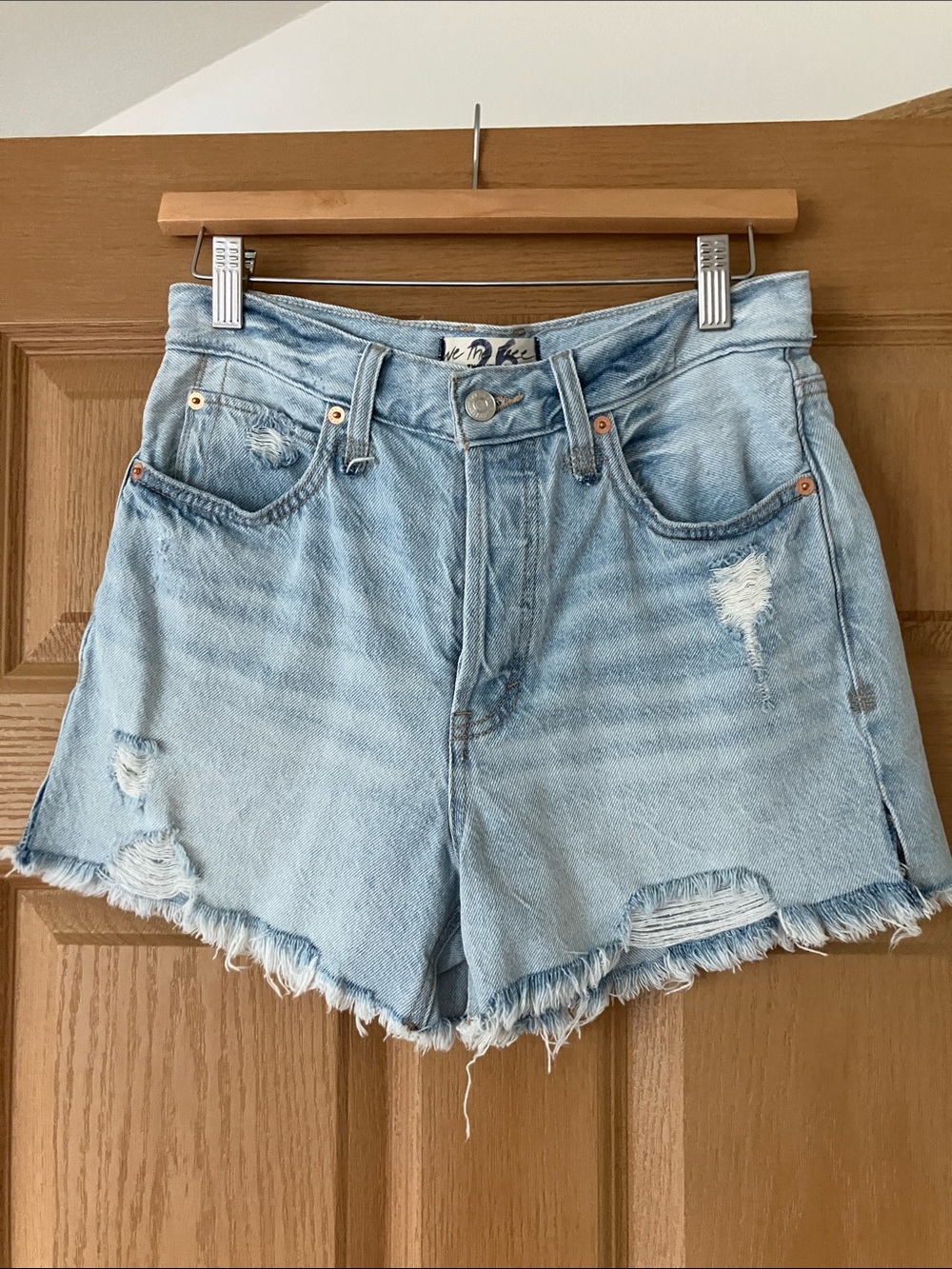 Free People Light Wash Distressed Denim Shorts